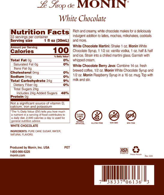 Monin Weisse Schokolade - Chocolat blanc Sirup 70cl commander en